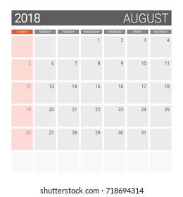 2018 August calendar or desk planner, weeks start on Sunday - gray theme, square proportion