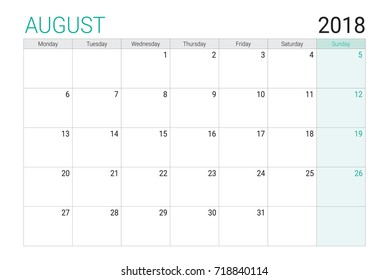 2018 August calendar or desk planner, weeks start on Monday - plain white and light green theme