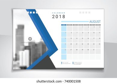 2018 August, illustration vector desk or table calendar, weeks start on Sunday - blue and white theme with space for your picture