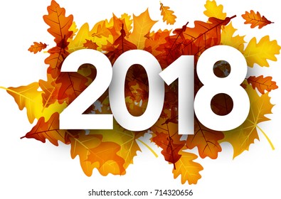 Herbsthintergrund 2018 mit goldenem Ahorn und Eichenblättern. Vektorgrafik.