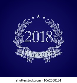 2018 awards. Greetings with palms framed. Luxurious isolated silver or golden round luxurious sign 20, 1, 8, 18, 21 and 28 anniversary numbers. Laurel branches template and victorious ribbon.