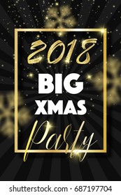 2018 big Christmas Party flyer, vector illustration. Black background, rays, golden frame, glitter, sparkles, blurred snowflakes. VIP celebration card.