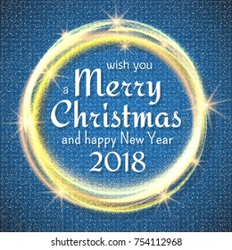 2018, Blue and White card with Merry Christmas text and gold glitter frame. Sparkling holiday background, vector dust border. Great for Christmas and New Year cards, invitations and posters