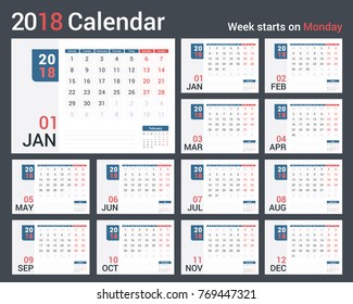 2018 Calendar, 12 pages, week starts on Monday, vector eps10 illustration