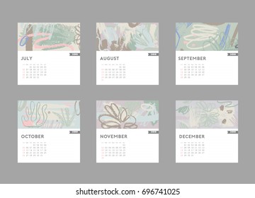 2018 calendar. August, September, October, November, December. Hand drawn brushstrokes in pastel trendy colors. 