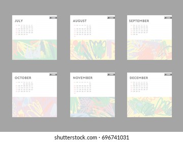 2018 calendar. August, September, October, November, December. Hand drawn brushstrokes in light pastel trendy colors. 