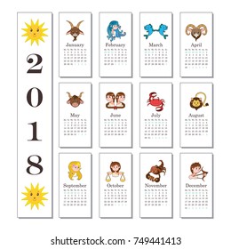 2018 Calendar with cute cartoon signs of the zodiac