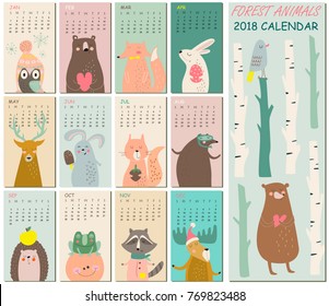 2018 calendar with cute forest animals in cartoon style