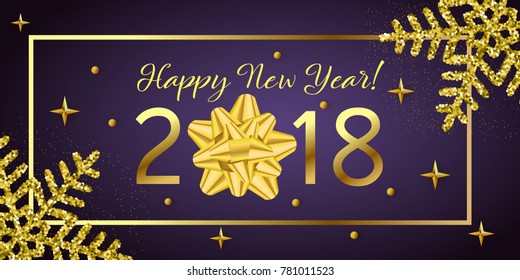 2018 calendar date.
Happy New Year greeting card with golden snowflakes and a bow. Vector illustration EPS 10 file