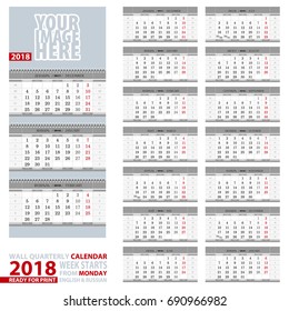 2018 Calendar, design in gray color. Wall quarterly calendar 2018, English and Russian language. Week start from Monday, ready for print. Vector Illustration.