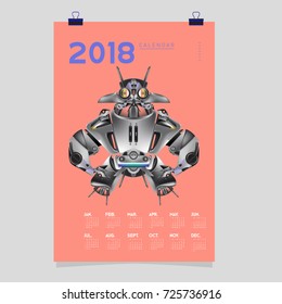 2018 Calendar design template. Vector 3d Realistic Robot and Toys Illustration for Cover.