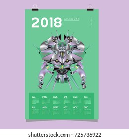 2018 Calendar design template. Vector 3d Realistic Robot and Toys Illustration for Cover.
