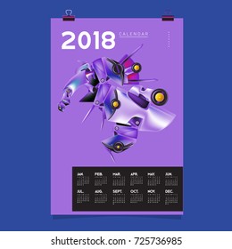 2018 Calendar design template. Vector 3d Realistic Robot and Toys Illustration for Cover.