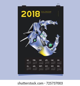 2018 Calendar design template. Vector 3d Realistic Robot and Toys Illustration for Cover.