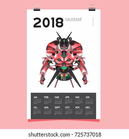 2018 Calendar design template. Vector 3d Realistic Robot and Toys Illustration for Cover.