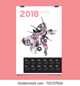 2018 Calendar design template. Vector 3d Realistic Robot and Toys Illustration for Cover.