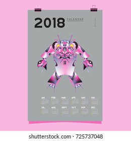 2018 Calendar design template. Vector 3d Realistic Robot and Toys Illustration for Cover.