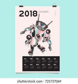2018 Calendar design template. Vector 3d Realistic Robot and Toys Illustration for Cover.