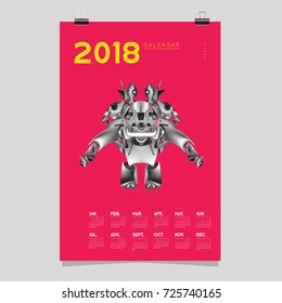 2018 Calendar design template. Vector 3d Realistic Robot and Toys Illustration for Cover.