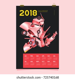 2018 Calendar design template. Vector 3d Realistic Robot and Toys Illustration for Cover.