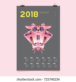 2018 Calendar design template. Vector 3d Realistic Robot and Toys Illustration for Cover.