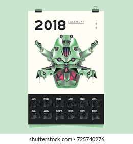 2018 Calendar design template. Vector 3d Realistic Robot and Toys Illustration for Cover.