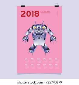 2018 Calendar design template. Vector 3d Realistic Robot and Toys Illustration for Cover.