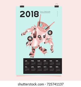 2018 Calendar design template. Vector 3d Realistic Robot and Toys Illustration for Cover.