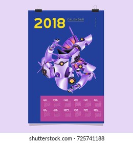 2018 Calendar design template. Vector 3d Realistic Robot and Toys Illustration for Cover.