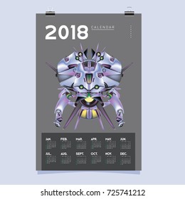 2018 Calendar design template. Vector 3d Realistic Robot and Toys Illustration for Cover.