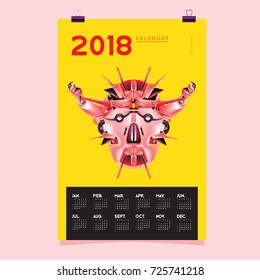2018 Calendar design template. Vector 3d Realistic Robot and Toys Illustration for Cover.