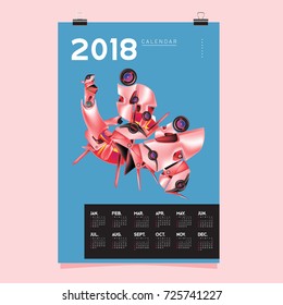 2018 Calendar design template. Vector 3d Realistic Robot and Toys Illustration for Cover.