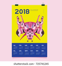 2018 Calendar design template. Vector 3d Realistic Robot and Toys Illustration for Cover.