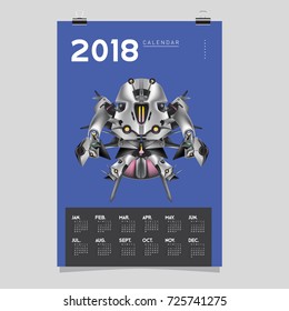 2018 Calendar design template. Vector 3d Realistic Robot and Toys Illustration for Cover.