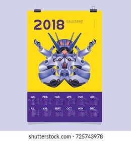 2018 Calendar design template. Vector 3d Realistic Robot and Toys Illustration for Cover.