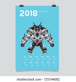 2018 Calendar design template. Vector 3d Realistic Robot and Toys Illustration for Cover.