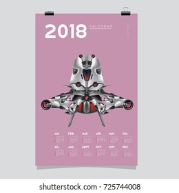 2018 Calendar design template. Vector 3d Realistic Robot and Toys Illustration for Cover.