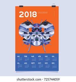 2018 Calendar design template. Vector 3d Realistic Robot and Toys Illustration for Cover.