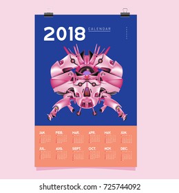 2018 Calendar design template. Vector 3d Realistic Robot and Toys Illustration for Cover.