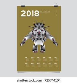 2018 Calendar design template. Vector 3d Realistic Robot and Toys Illustration for Cover.