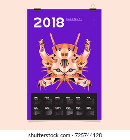 2018 Calendar design template. Vector 3d Realistic Robot and Toys Illustration for Cover.