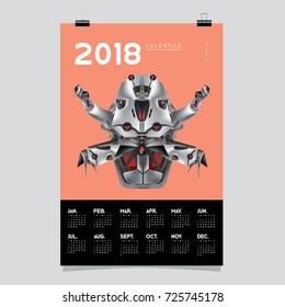 2018 Calendar design template. Vector 3d Realistic Robot and Toys Illustration for Cover.