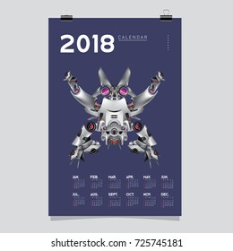 2018 Calendar design template. Vector 3d Realistic Robot and Toys Illustration for Cover.