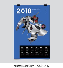 2018 Calendar design template. Vector 3d Realistic Robot and Toys Illustration for Cover.