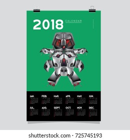 2018 Calendar design template. Vector 3d Realistic Robot and Toys Illustration for Cover.
