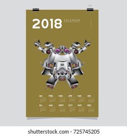 2018 Calendar design template. Vector 3d Realistic Robot and Toys Illustration for Cover.