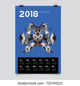 2018 Calendar design template. Vector 3d Realistic Robot and Toys Illustration for Cover.