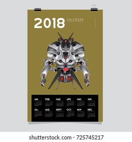 2018 Calendar design template. Vector 3d Realistic Robot and Toys Illustration for Cover.