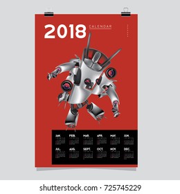 2018 Calendar design template. Vector 3d Realistic Robot and Toys Illustration for Cover.