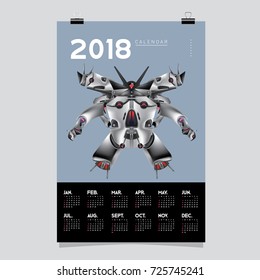 2018 Calendar design template. Vector 3d Realistic Robot and Toys Illustration for Cover.